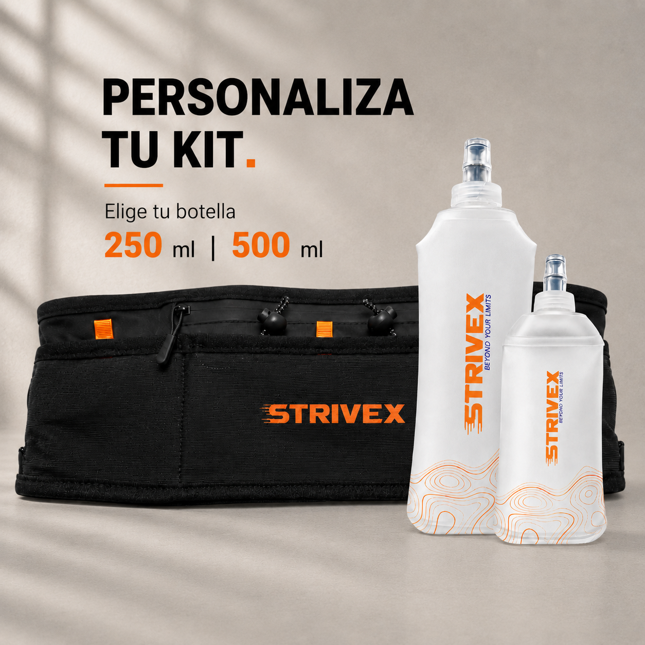 banano negro con detalles naranjo y botellas soft flask de 500 ml y 250 ml
