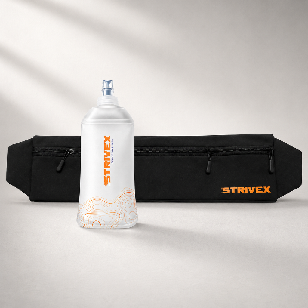 Banano essential color negro con detalle naranjo, vista frontal junto con botella soft flask wave 250 ml