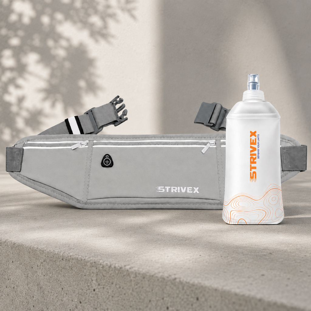 banano running gris respirable junto con botella soft flask wave 250 ml