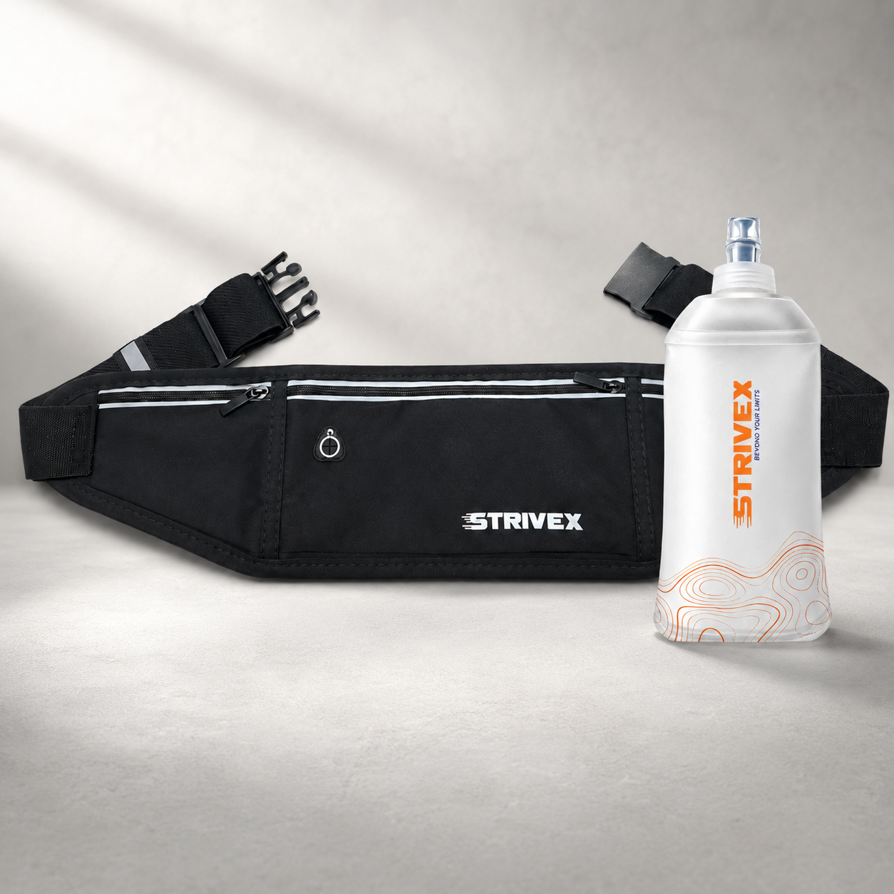 banano running negro respirable junto con botella soft flask wave 250 ml