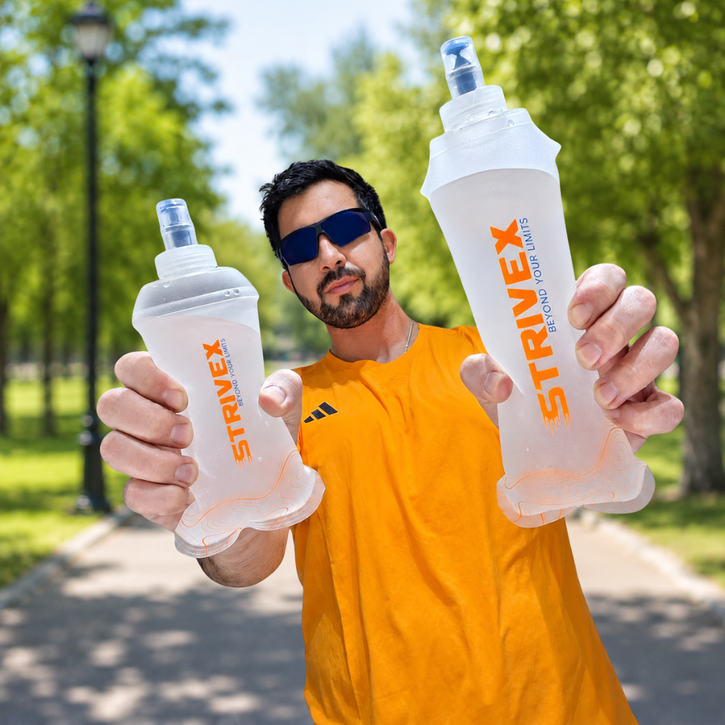 Atelta sosteniendo las botellas soft flask wave 50 y wave 250